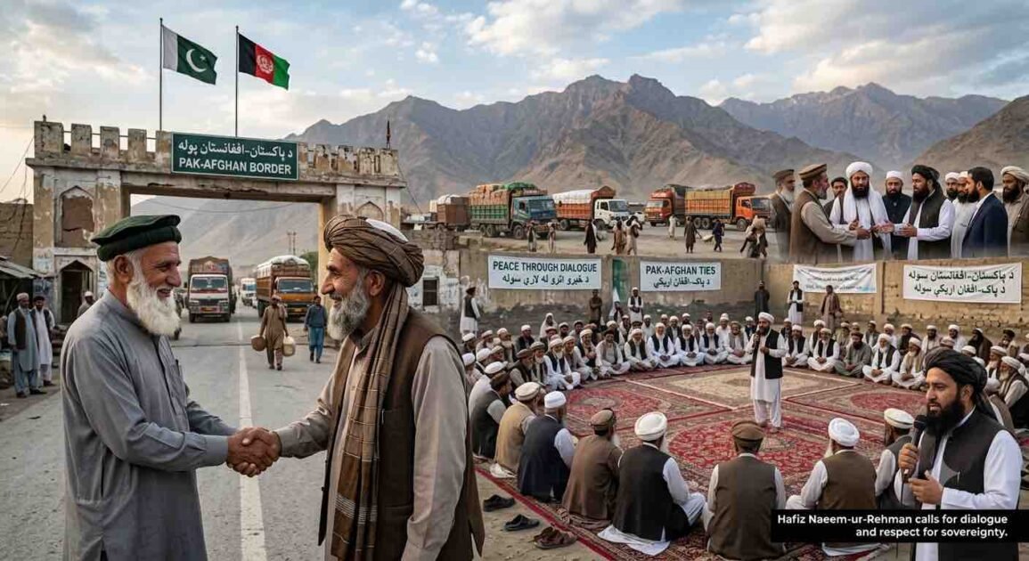 Pakistani and Afghan elders shaking hands at the border with a Grand Jirga meeting in the background representing peace and diplomacy.
