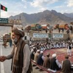 Pakistani and Afghan elders shaking hands at the border with a Grand Jirga meeting in the background representing peace and diplomacy.