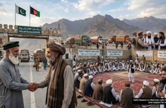Pakistani and Afghan elders shaking hands at the border with a Grand Jirga meeting in the background representing peace and diplomacy.