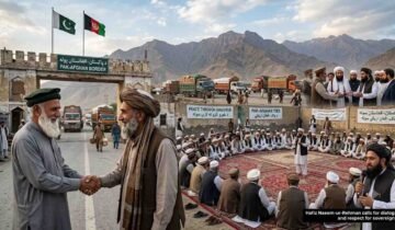 Pakistani and Afghan elders shaking hands at the border with a Grand Jirga meeting in the background representing peace and diplomacy.