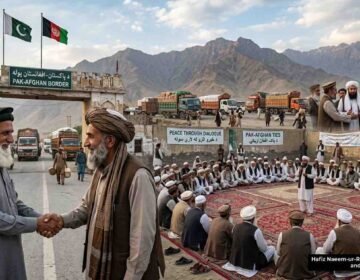 Pakistani and Afghan elders shaking hands at the border with a Grand Jirga meeting in the background representing peace and diplomacy.