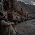 طورخم بارڈر پر بندش کے باعث مال بردار ٹرکوں کی لمبی قطار اور سڑک کنارے پریشان بیٹھا ہوا ایک ڈرائیور