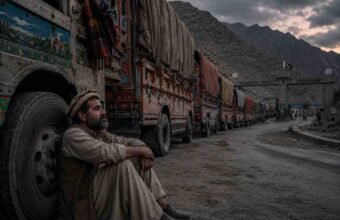 طورخم بارڈر پر بندش کے باعث مال بردار ٹرکوں کی لمبی قطار اور سڑک کنارے پریشان بیٹھا ہوا ایک ڈرائیور