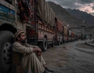 طورخم بارڈر پر بندش کے باعث مال بردار ٹرکوں کی لمبی قطار اور سڑک کنارے پریشان بیٹھا ہوا ایک ڈرائیور