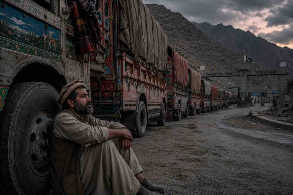 طورخم بارڈر پر بندش کے باعث مال بردار ٹرکوں کی لمبی قطار اور سڑک کنارے پریشان بیٹھا ہوا ایک ڈرائیور