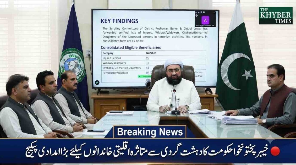 Khyber Pakhtunkhwa Minister for Auqaf and Religious Affairs, Sahabzada Muhammad Adnan Qadri, presiding over a committee meeting to approve a 126 million PKR relief package for terrorism-affected minority families, with detailed beneficiary statistics displayed on a screen in the background.