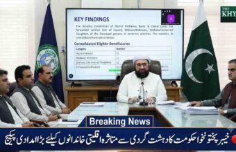 Khyber Pakhtunkhwa Minister for Auqaf and Religious Affairs, Sahabzada Muhammad Adnan Qadri, presiding over a committee meeting to approve a 126 million PKR relief package for terrorism-affected minority families, with detailed beneficiary statistics displayed on a screen in the background.