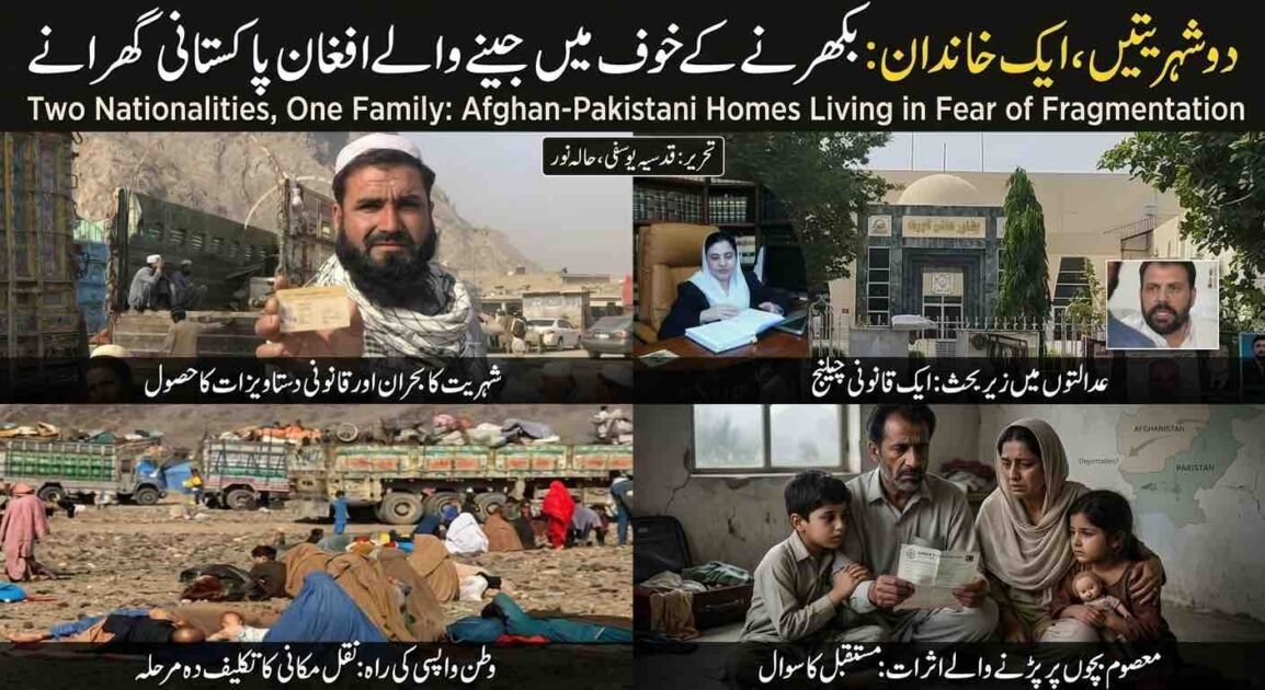 English: Collage featuring Afghan-Pakistani bi-national families, Peshawar High Court, NADRA identity cards, and displaced refugee camps.