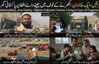 English: Collage featuring Afghan-Pakistani bi-national families, Peshawar High Court, NADRA identity cards, and displaced refugee camps.