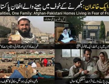 English: Collage featuring Afghan-Pakistani bi-national families, Peshawar High Court, NADRA identity cards, and displaced refugee camps.