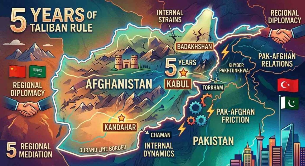 Infographic map of Afghanistan highlighting Kabul, Badakhshan, Kandahar, and the Pak-Afghan border analysis for 5 years of Taliban rule.