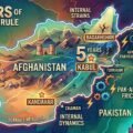 Infographic map of Afghanistan highlighting Kabul, Badakhshan, Kandahar, and the Pak-Afghan border analysis for 5 years of Taliban rule.