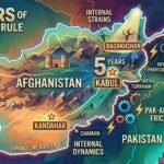 Infographic map of Afghanistan highlighting Kabul, Badakhshan, Kandahar, and the Pak-Afghan border analysis for 5 years of Taliban rule.