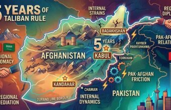 Infographic map of Afghanistan highlighting Kabul, Badakhshan, Kandahar, and the Pak-Afghan border analysis for 5 years of Taliban rule.