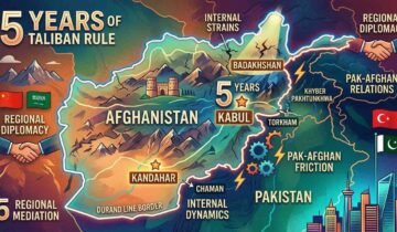 Infographic map of Afghanistan highlighting Kabul, Badakhshan, Kandahar, and the Pak-Afghan border analysis for 5 years of Taliban rule.