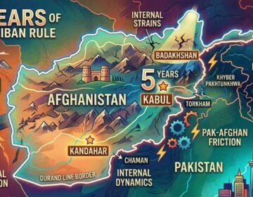 Infographic map of Afghanistan highlighting Kabul, Badakhshan, Kandahar, and the Pak-Afghan border analysis for 5 years of Taliban rule.