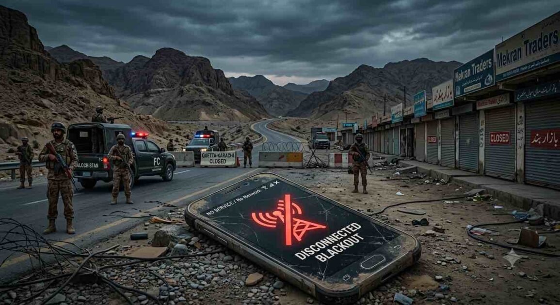 A smartphone with a glowing red 'No Service / Disconnected' blackout icon lying on a dusty road, flanked by security personnel patrolling a blocked mountain highway and closed market shops in Balochistan.