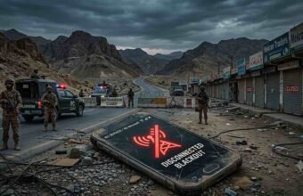 A smartphone with a glowing red 'No Service / Disconnected' blackout icon lying on a dusty road, flanked by security personnel patrolling a blocked mountain highway and closed market shops in Balochistan.