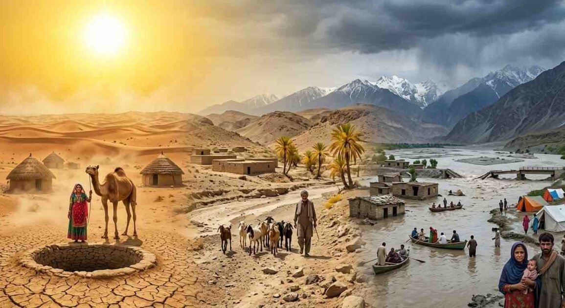 Realistic depiction of climate change impacts in rural Pakistan showing severe drought in Thar and Balochistan alongside flash floods in Khyber Pakhtunkhwa.
