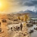 Realistic depiction of climate change impacts in rural Pakistan showing severe drought in Thar and Balochistan alongside flash floods in Khyber Pakhtunkhwa.