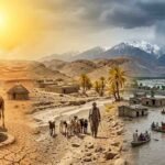 Realistic depiction of climate change impacts in rural Pakistan showing severe drought in Thar and Balochistan alongside flash floods in Khyber Pakhtunkhwa.