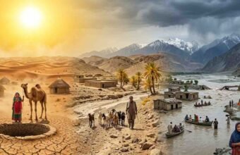 Realistic depiction of climate change impacts in rural Pakistan showing severe drought in Thar and Balochistan alongside flash floods in Khyber Pakhtunkhwa.