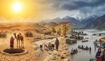 Realistic depiction of climate change impacts in rural Pakistan showing severe drought in Thar and Balochistan alongside flash floods in Khyber Pakhtunkhwa.
