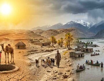 Realistic depiction of climate change impacts in rural Pakistan showing severe drought in Thar and Balochistan alongside flash floods in Khyber Pakhtunkhwa.