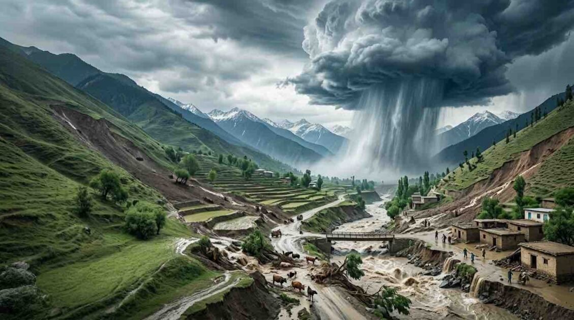 A dramatic aerial view of a severe cloudburst over mountainous terrain in Khyber Pakhtunkhwa, Pakistan, showing torrential rain triggering flash floods, soil erosion, and rural village destruction along a swollen river.