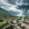 A dramatic aerial view of a severe cloudburst over mountainous terrain in Khyber Pakhtunkhwa, Pakistan, showing torrential rain triggering flash floods, soil erosion, and rural village destruction along a swollen river.