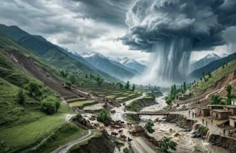 A dramatic aerial view of a severe cloudburst over mountainous terrain in Khyber Pakhtunkhwa, Pakistan, showing torrential rain triggering flash floods, soil erosion, and rural village destruction along a swollen river.