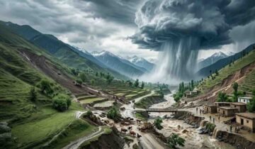 A dramatic aerial view of a severe cloudburst over mountainous terrain in Khyber Pakhtunkhwa, Pakistan, showing torrential rain triggering flash floods, soil erosion, and rural village destruction along a swollen river.