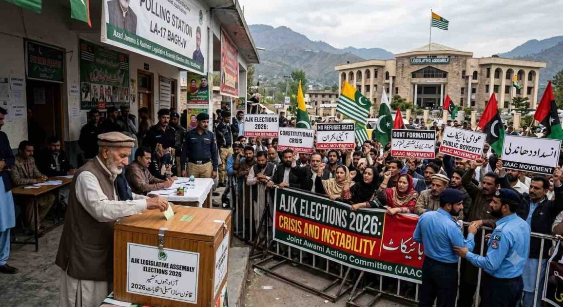 Alt Text An older Kashmiri man with a white beard casts a ballot into a wooden box labeled 'AJK LEGISLATIVE ASSEMBLY ELECTIONS 2026' while a large crowd of protesters with signs demanding 'PUBLIC BOYCOTT' and 'NO REFUGEE SEATS' is separated by police in front of the 'LEGISLATIVES ASSEMBLY' building in Muzaffarabad, Azad Kashmir.