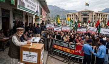 Alt Text An older Kashmiri man with a white beard casts a ballot into a wooden box labeled 'AJK LEGISLATIVE ASSEMBLY ELECTIONS 2026' while a large crowd of protesters with signs demanding 'PUBLIC BOYCOTT' and 'NO REFUGEE SEATS' is separated by police in front of the 'LEGISLATIVES ASSEMBLY' building in Muzaffarabad, Azad Kashmir.