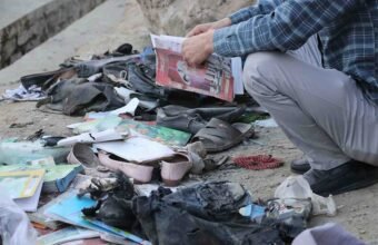 Books, shoes and personal belongings scattered after a blast at a school in Kabul’s Dasht-e-Barchi area.