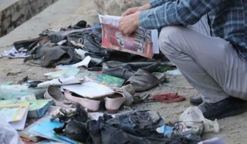 Books, shoes and personal belongings scattered after a blast at a school in Kabul’s Dasht-e-Barchi area.