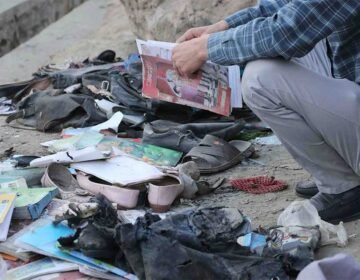 Books, shoes and personal belongings scattered after a blast at a school in Kabul’s Dasht-e-Barchi area.