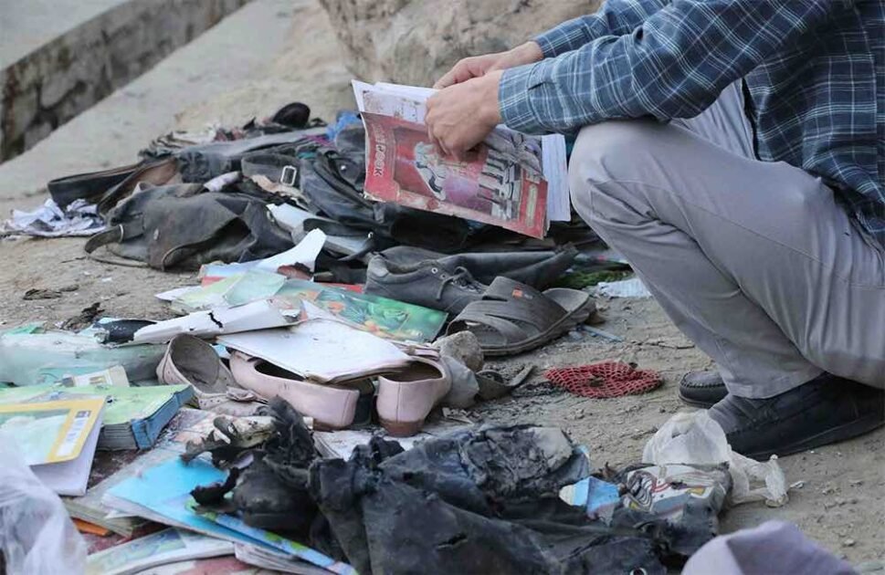 Books, shoes and personal belongings scattered after a blast at a school in Kabul’s Dasht-e-Barchi area.