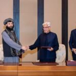 Pakistani Defence Minister Khawaja Asif shaking hands with Afghan Acting Defence Minister Mullah Mohammad Yaqoob during high-level bilateral security talks