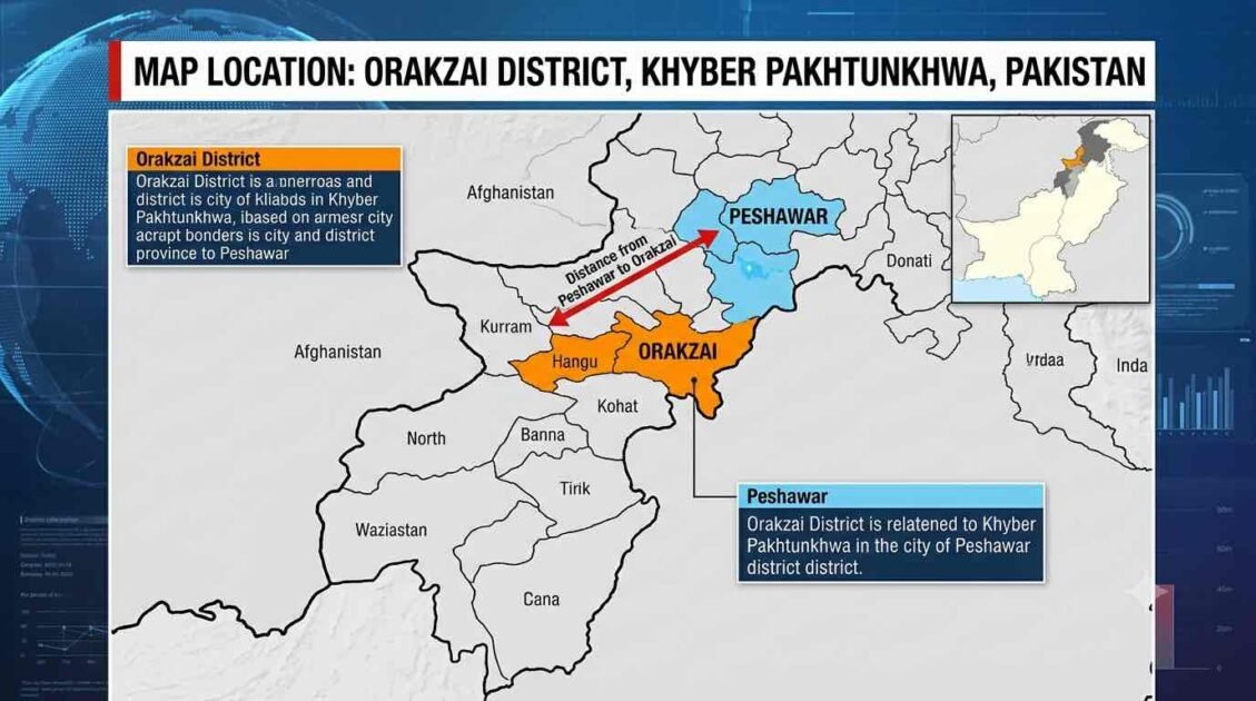 An infographic map titled "MAP LOCATION: ORAKZAI DISTRICT, KHYBER PAKHTUNKHWA, PAKISTAN" shows a detailed district map of the province of Khyber Pakhtunkhwa, Pakistan. The Orakzai District is highlighted in orange, and northeast of it, the Peshawar district is highlighted in blue. A red arrow points from Peshawar to Orakzai, labeled "Distance from Peshawar to Orakzai," illustrating their spatial relationship. Text boxes label Orakzai as a district and Peshawar as the provincial capital. A smaller inset map of Pakistan shows the general location of the province within the country. Other districts and bordering Afghanistan are also labeled.