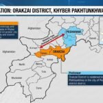 An infographic map titled "MAP LOCATION: ORAKZAI DISTRICT, KHYBER PAKHTUNKHWA, PAKISTAN" shows a detailed district map of the province of Khyber Pakhtunkhwa, Pakistan. The Orakzai District is highlighted in orange, and northeast of it, the Peshawar district is highlighted in blue. A red arrow points from Peshawar to Orakzai, labeled "Distance from Peshawar to Orakzai," illustrating their spatial relationship. Text boxes label Orakzai as a district and Peshawar as the provincial capital. A smaller inset map of Pakistan shows the general location of the province within the country. Other districts and bordering Afghanistan are also labeled.