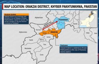 An infographic map titled "MAP LOCATION: ORAKZAI DISTRICT, KHYBER PAKHTUNKHWA, PAKISTAN" shows a detailed district map of the province of Khyber Pakhtunkhwa, Pakistan. The Orakzai District is highlighted in orange, and northeast of it, the Peshawar district is highlighted in blue. A red arrow points from Peshawar to Orakzai, labeled "Distance from Peshawar to Orakzai," illustrating their spatial relationship. Text boxes label Orakzai as a district and Peshawar as the provincial capital. A smaller inset map of Pakistan shows the general location of the province within the country. Other districts and bordering Afghanistan are also labeled.
