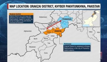 An infographic map titled "MAP LOCATION: ORAKZAI DISTRICT, KHYBER PAKHTUNKHWA, PAKISTAN" shows a detailed district map of the province of Khyber Pakhtunkhwa, Pakistan. The Orakzai District is highlighted in orange, and northeast of it, the Peshawar district is highlighted in blue. A red arrow points from Peshawar to Orakzai, labeled "Distance from Peshawar to Orakzai," illustrating their spatial relationship. Text boxes label Orakzai as a district and Peshawar as the provincial capital. A smaller inset map of Pakistan shows the general location of the province within the country. Other districts and bordering Afghanistan are also labeled.