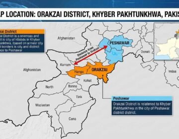 An infographic map titled "MAP LOCATION: ORAKZAI DISTRICT, KHYBER PAKHTUNKHWA, PAKISTAN" shows a detailed district map of the province of Khyber Pakhtunkhwa, Pakistan. The Orakzai District is highlighted in orange, and northeast of it, the Peshawar district is highlighted in blue. A red arrow points from Peshawar to Orakzai, labeled "Distance from Peshawar to Orakzai," illustrating their spatial relationship. Text boxes label Orakzai as a district and Peshawar as the provincial capital. A smaller inset map of Pakistan shows the general location of the province within the country. Other districts and bordering Afghanistan are also labeled.