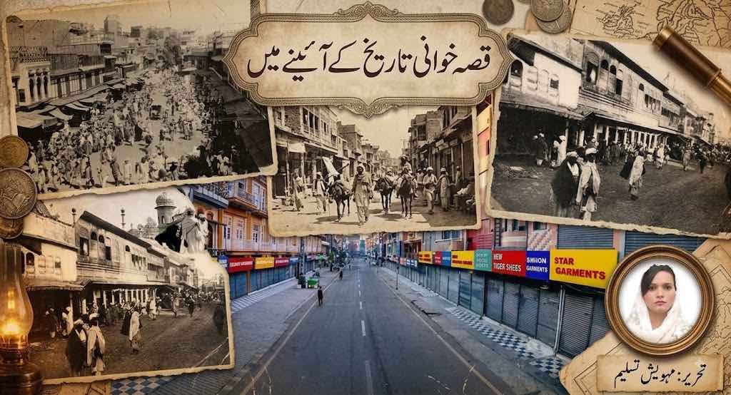 Historical collage of Qissa Khwani Bazaar Peshawar showing old and modern views with Urdu title and author profile of Mehwish Tasleem.