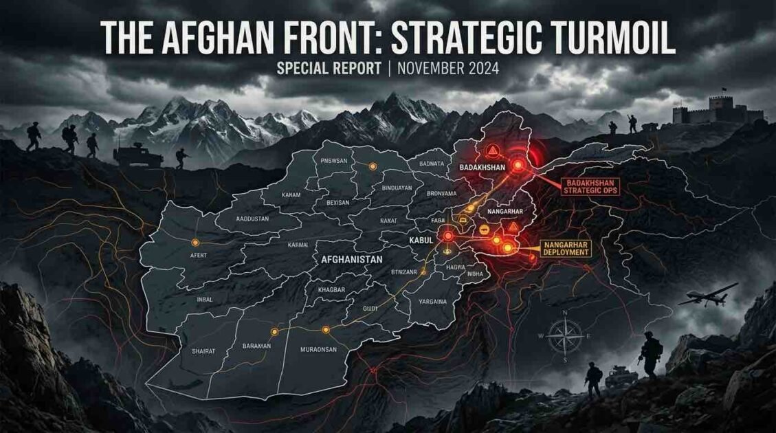 English: Map graphic of Afghanistan titled 'The Afghan Front: Strategic Turmoil' highlighting conflict zones in Badakhshan, Nangarhar deployment, and Kabul against a rugged mountain military backdrop.