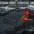 English: Map graphic of Afghanistan titled 'The Afghan Front: Strategic Turmoil' highlighting conflict zones in Badakhshan, Nangarhar deployment, and Kabul against a rugged mountain military backdrop.