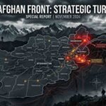 English: Map graphic of Afghanistan titled 'The Afghan Front: Strategic Turmoil' highlighting conflict zones in Badakhshan, Nangarhar deployment, and Kabul against a rugged mountain military backdrop.