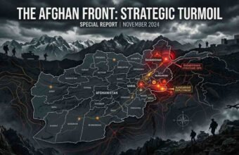 English: Map graphic of Afghanistan titled 'The Afghan Front: Strategic Turmoil' highlighting conflict zones in Badakhshan, Nangarhar deployment, and Kabul against a rugged mountain military backdrop.