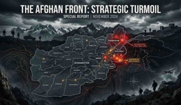 English: Map graphic of Afghanistan titled 'The Afghan Front: Strategic Turmoil' highlighting conflict zones in Badakhshan, Nangarhar deployment, and Kabul against a rugged mountain military backdrop.